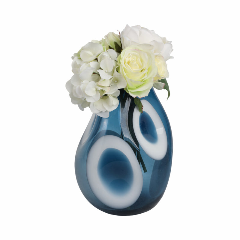 11x8 Curvy Polka Dot Glass Vase, Blue/white