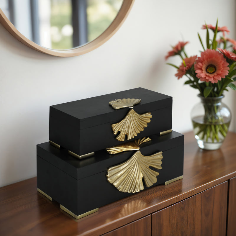 Metal, S/2 12/14 Black Gingko Boxes