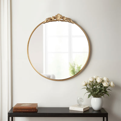 36 Fleur Applique Round Mirror, Gold Wb