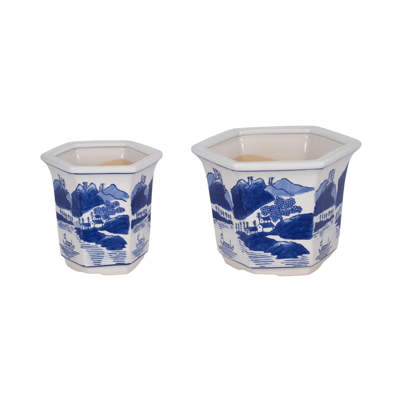 Cer, S/2 6/8 Fluted Chinoiserie Planters,blue/wht