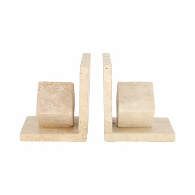 S/2 6 Travertine Cube On Base Bookends, Tan