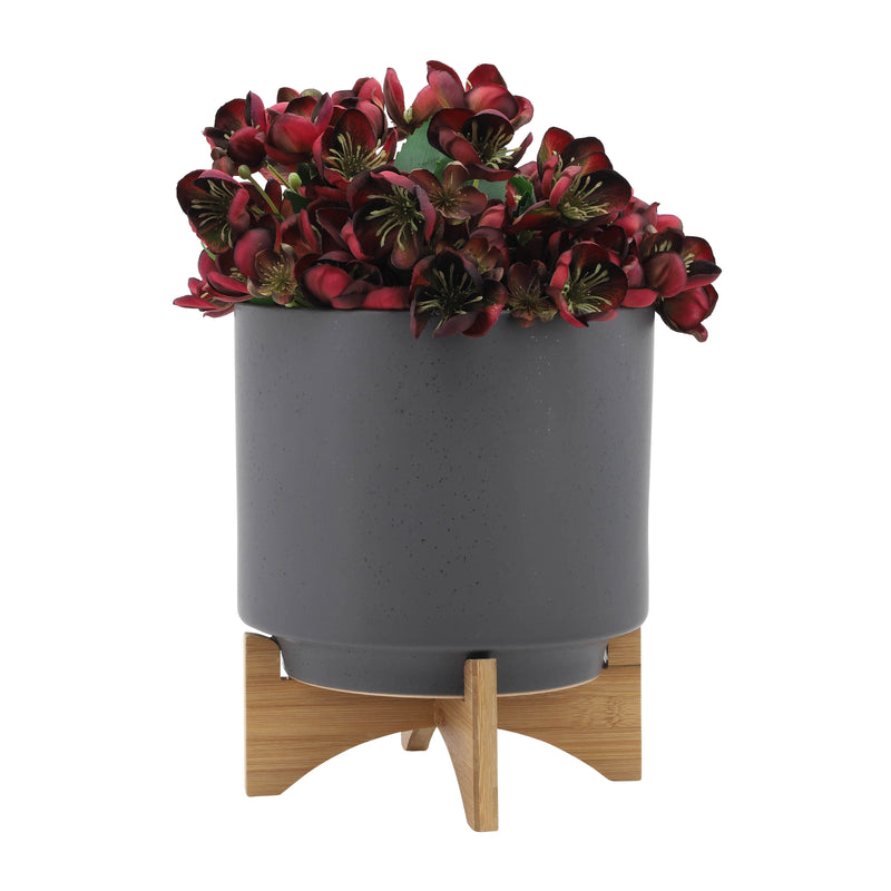 S/2 8/10 PLANTER W/ WOOD STAND, MATTE GRAY