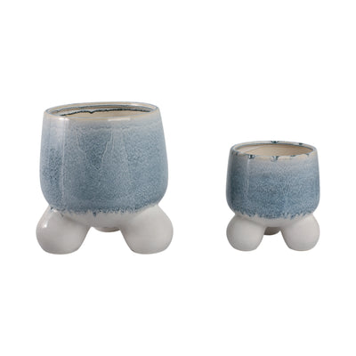 S/2 8/11 Knobby Footed Planters, Blue/white