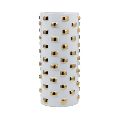 Stoneware, 11 Cylinder Vase, White/gold