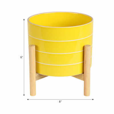 8 STRIPED PLANTER W/ WOOD STAND, YELLOW