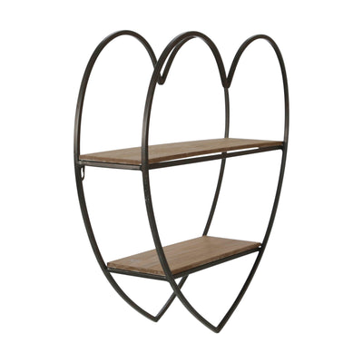 METAL/WOOD 2 TIER HEART WALL SHELF, NATURAL/BLACK