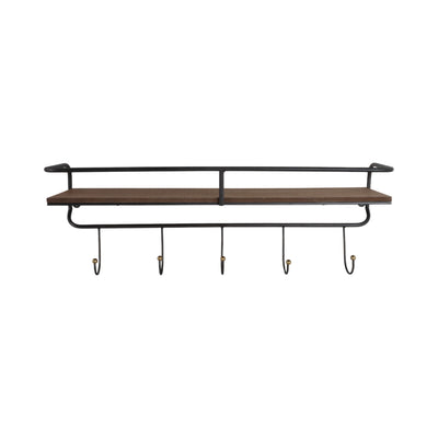 METAL/ WOOD, 24.25 5 HOOK WALL SHELF/ BROWN