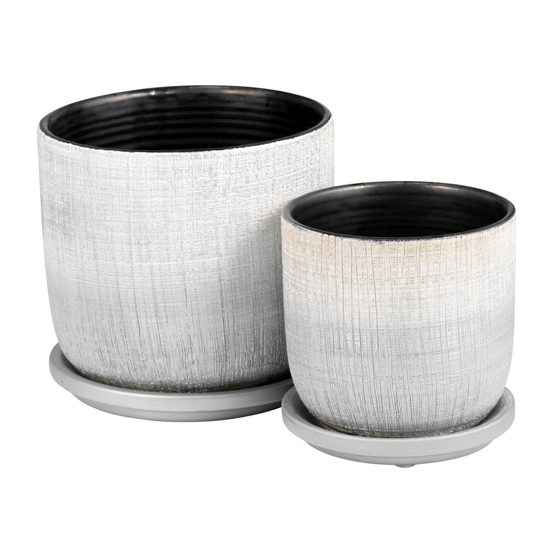 S/2 5/6 TEXTURED PLANTER WITH SAUCER, SILVER