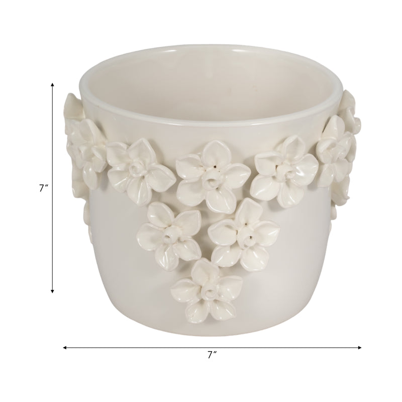 7 Floral Applique Planter, Ivory