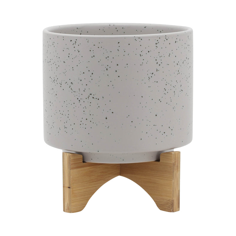 8  PLANTER W/ WOOD STAND, MATTE BEIGE