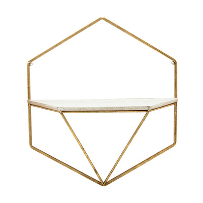 S/2 METAL / WOOD HEXAGON WALL SHELVES, GOLD/WHT