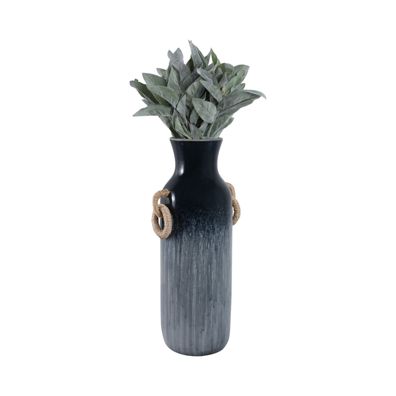 24 Vase With Rattan Handles Reactive Finish, Blue