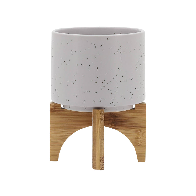 5 PLANTER W/ WOOD STAND, MATTE BEIGE