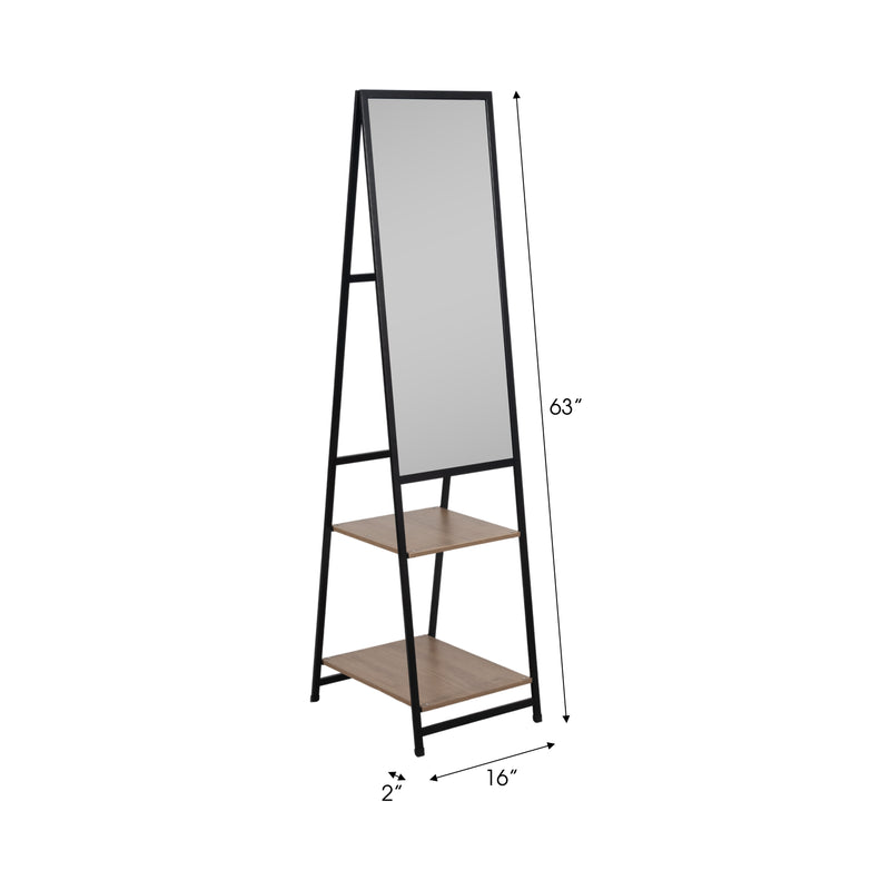 63 Standing Mirror W/ Wood Shelves, Black/natural