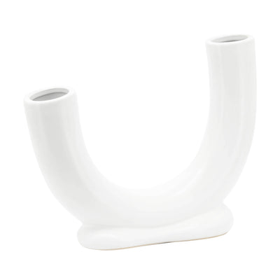 CER, 8H U-SHAPED VASE W/ BASE, WHITE