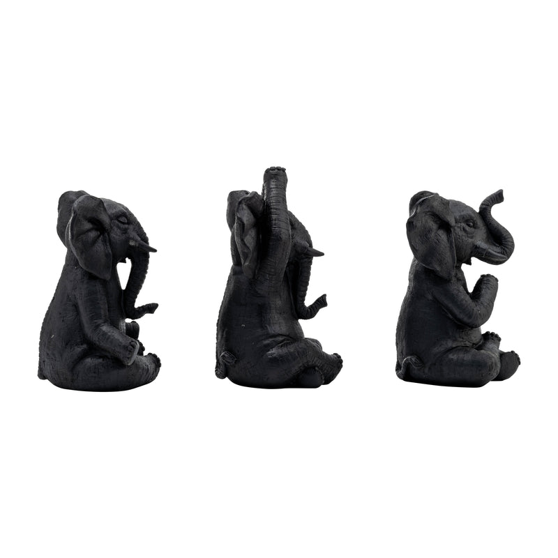 RESIN, S/3, 8H, YOGA ELEPHANTS, BLK