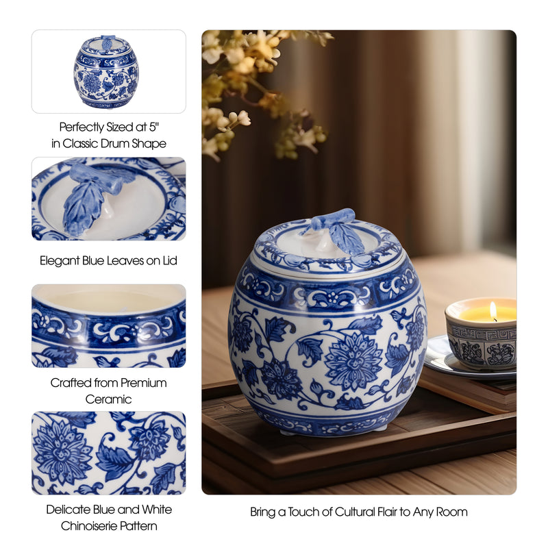 5 8.5oz Peony Chinoiserie Lidded Candle, Blu/wht