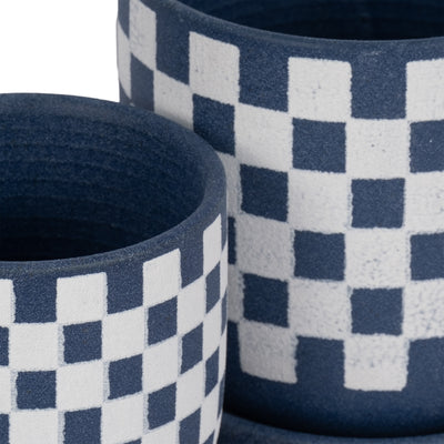 S/2 5/6 Checkerboard Saucer Planters, Blue/white