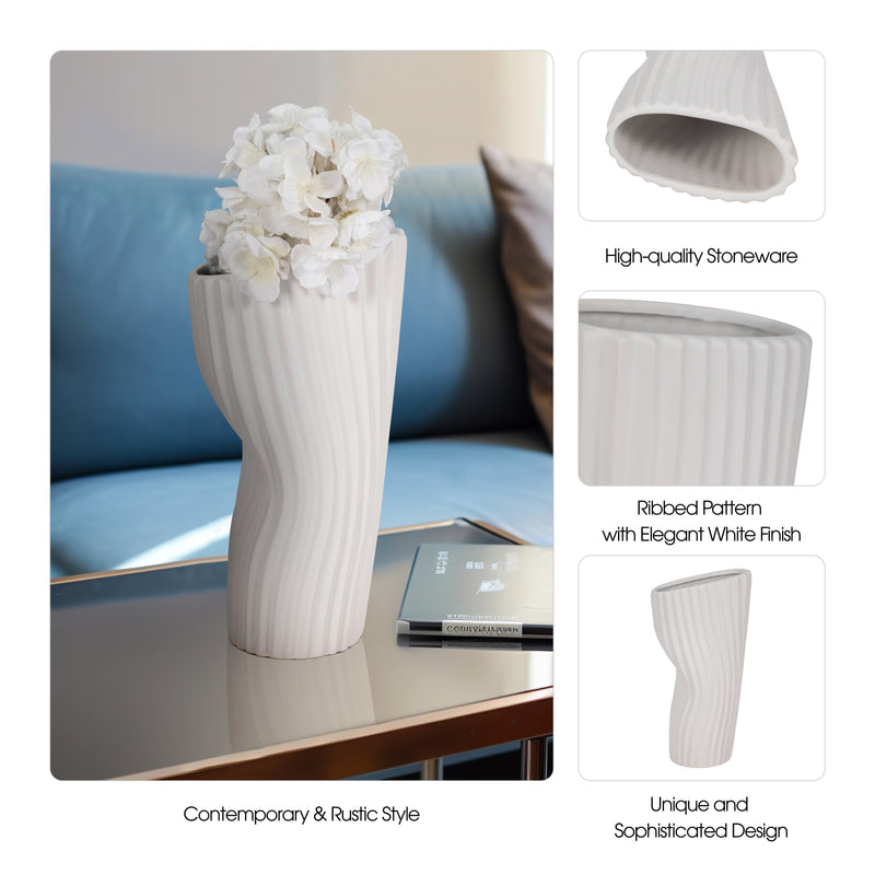 12 Curved Ribbed Vase, White