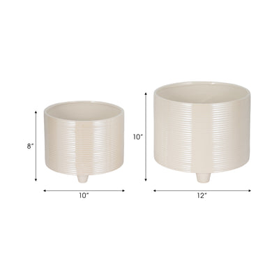 S/2 10/12 Iridescent Ribbed Planters, Ivory