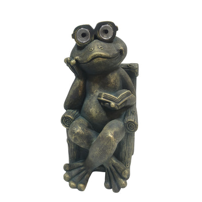 16 Sitting Frog With Book And Solar Glasses, Bron