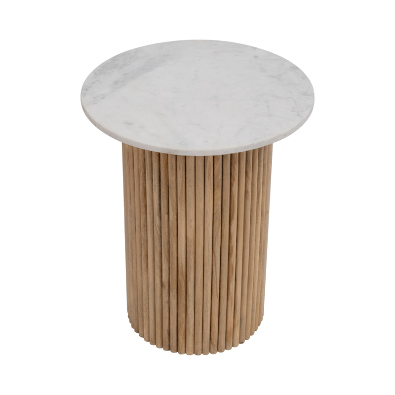 Wood/Marble, 22H Reeded, Side Table, Natural/Whit