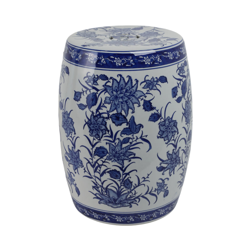 Cer,18 Pinwheel Flower Chinoiserie Stool,blu/wht