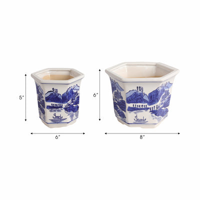 Cer, S/2 6/8 Chinoiserie Planters, Blue/white