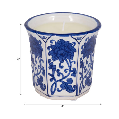 4, 6oz Fluted Chinoiserie Candle , Blue/white