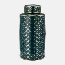 CER, 16 CRACKLE JAR W/ LID, GOLD