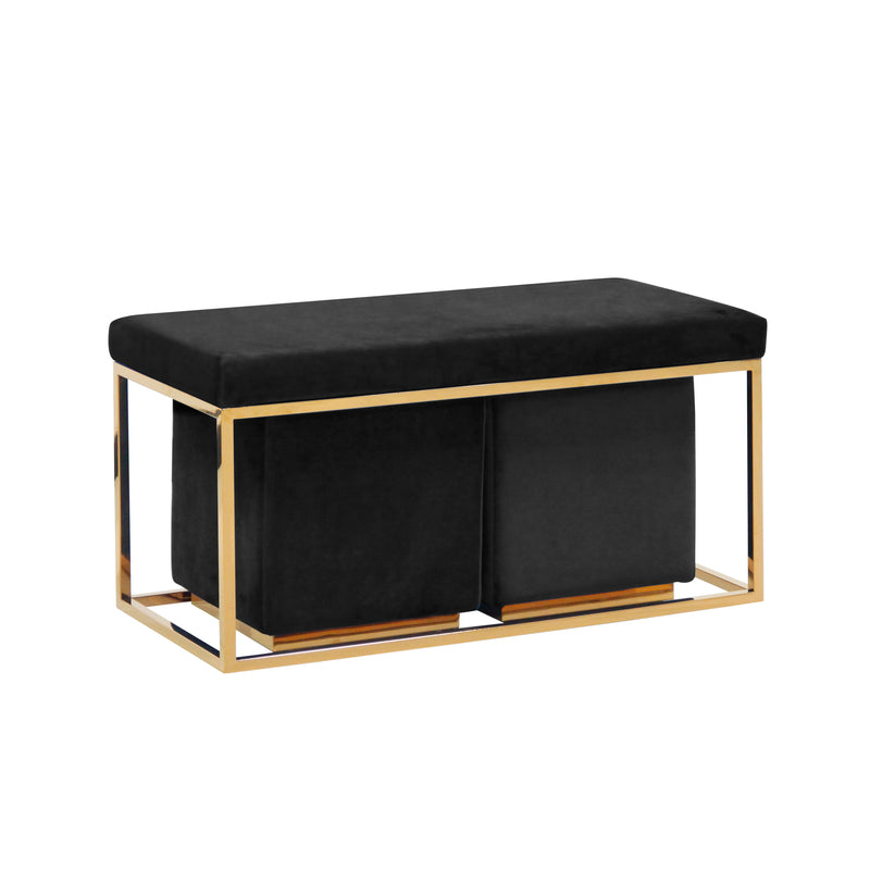 S/3 Velveteen Bench/Ottos, Gold/Blk, Kd (6608452485216)